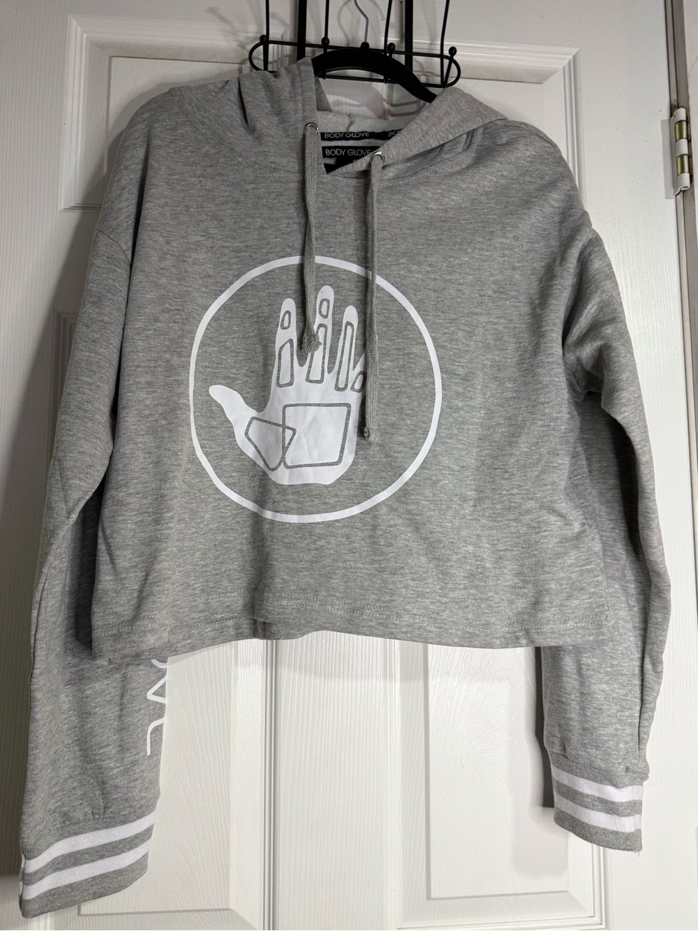 Body Glove Gray Cropped Hoodie with White Hand Graphic